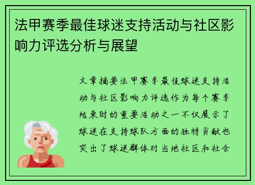 法甲赛季最佳球迷支持活动与社区影响力评选分析与展望