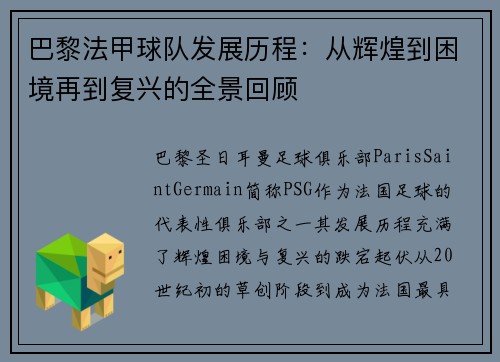 巴黎法甲球队发展历程：从辉煌到困境再到复兴的全景回顾