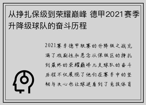 从挣扎保级到荣耀巅峰 德甲2021赛季升降级球队的奋斗历程